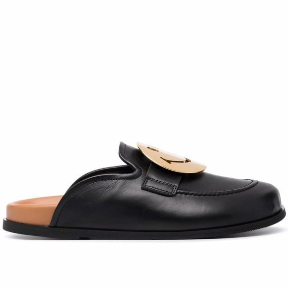 $700 JOSHUA SANDERS GOLD SMILEY-BUCKLE LEATHER SLIPPERS SLIDE BLACK 39 (TB20) - Picture 2 of 8